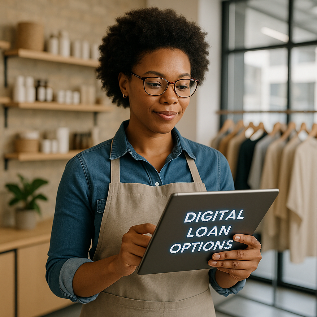 A confident small business owner reviewing digital
